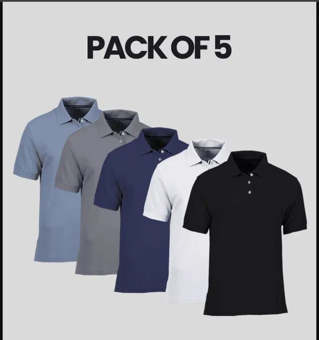 Men’s Poly Cotton Solid Polo T-Shirt – Pack of 5 (Regular Fit)