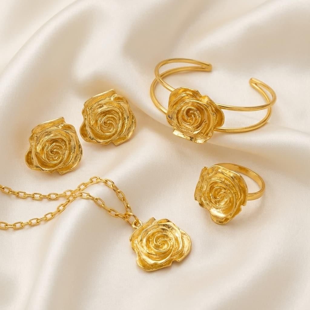 Golden Rose Jewelry Gift Set – Necklace, Earrings, Bracelet & Ring (4-Piece Combo)