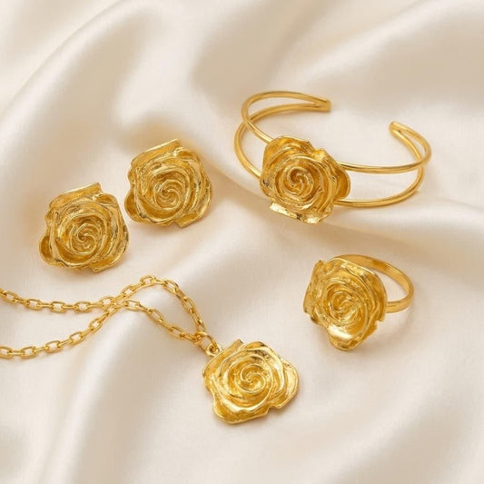 Golden Rose Jewelry Gift Set – Necklace, Earrings, Bracelet & Ring (4-Piece Combo)